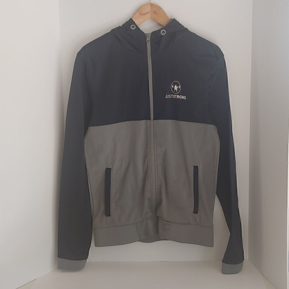 Just Strong Women's Zip Front Hoodie Jacket Navy and Grey Size M